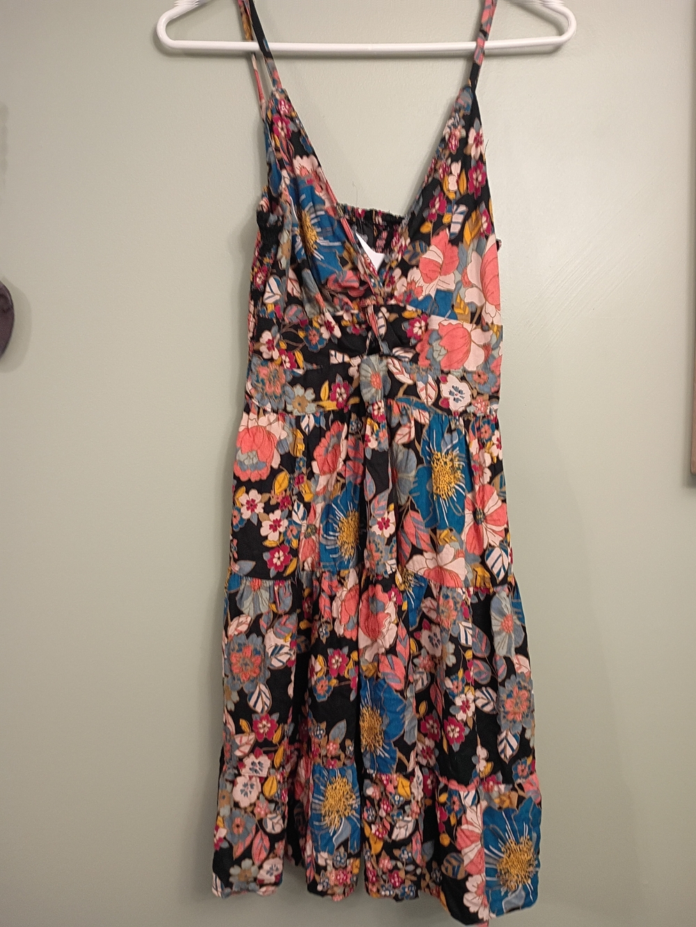 Floral Tiered Sundress in Black with Pink & Blue Flowers